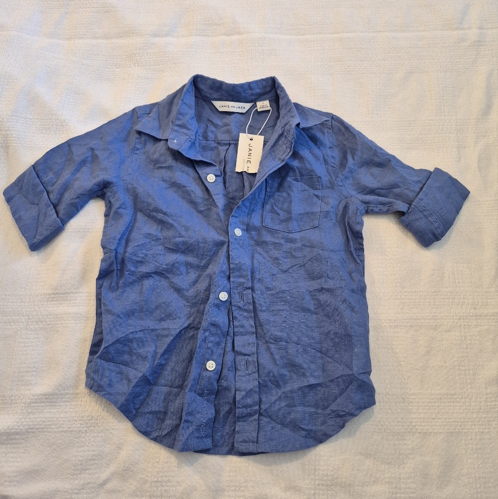 Janie And Jack Boys Size 3 Blue Linen Long Sleeve Shirt Nwt